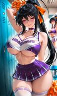 2girls ai_generated arm_up artist_name bare_shoulders black_hair blurry blurry_background blush choker cleavage collarbone commission commissions_open crop_top hair_between_eyes hair_ribbon holding huge_breasts large_breasts locker locker_room long_hair looking_at_viewer midriff miniskirt multiple_girls navel orange_ribbon parted_lips patreon_logo patreon_username pleated_skirt pom_pom_(cheerleading) ponytail purple_eyes purple_skirt ribbon self_upload skirt smile solo_focus stomach tgv9173 thick_thighs thighhighs thighs ts underboob very_long_hair white_thighhighs // 1284x2140 // 327.0KB